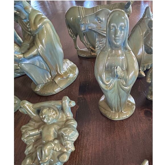 Vintage Light Green Holland Mold Complete Nativity 15 Piece Set Angel Baby Jesus - Picture 12 of 14
